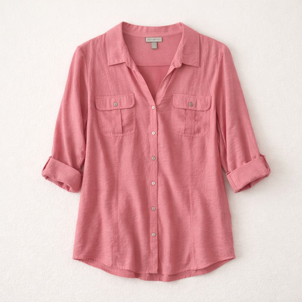 Roz & Ali XL Pink Utility Blouse Roll Tab Sleeve Button Up Top - Picture 3 of 7